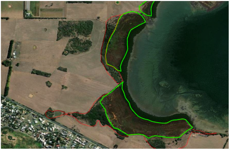Variation to the extent of a wetland-swamp area at different time periods. Green polygons illustrate the area extent included in the current Vicmap hydro dataset, while red polygons show the current and actual extent of the area for this hydro feature.